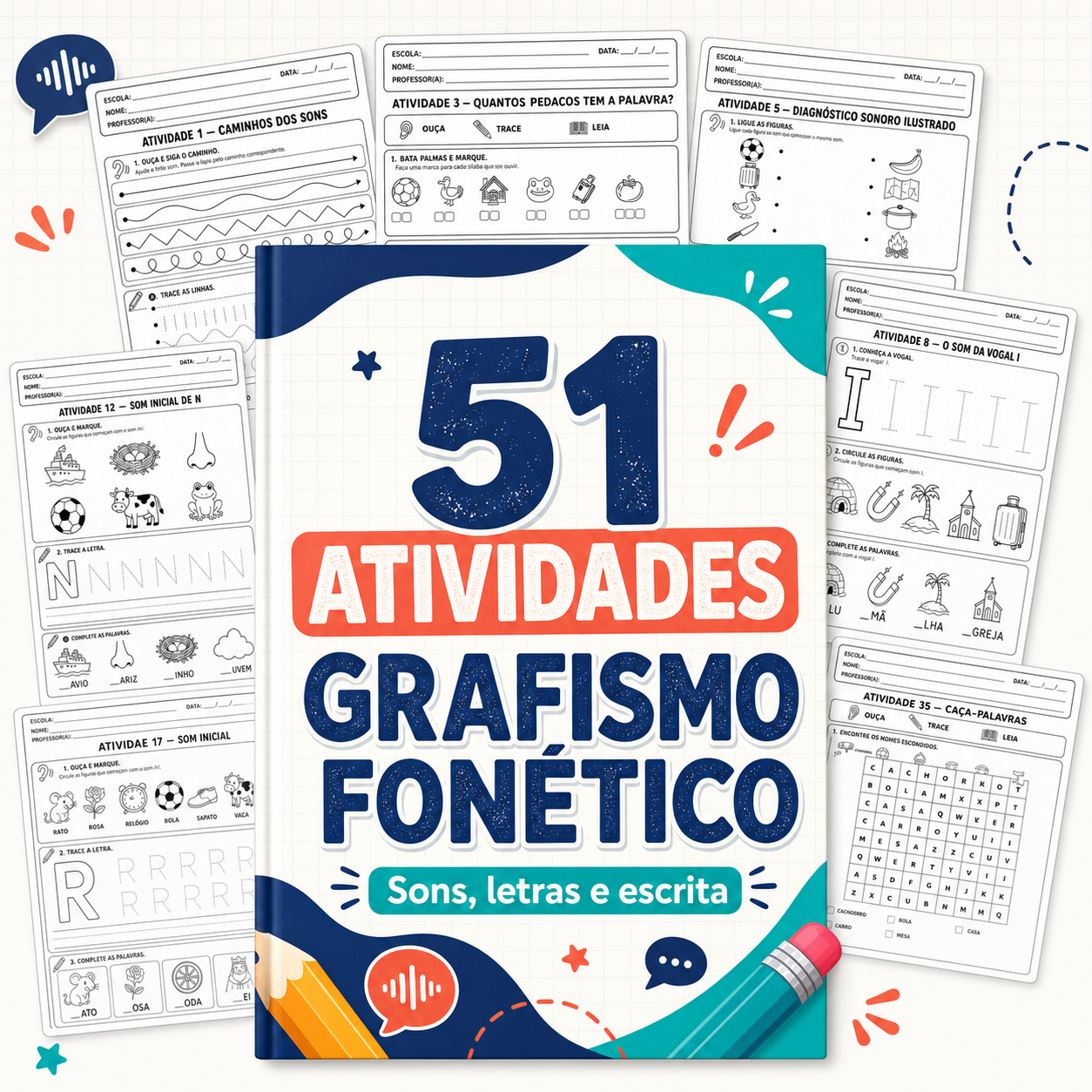 Capa das 51 atividades de grafismo fon&eacute;tico